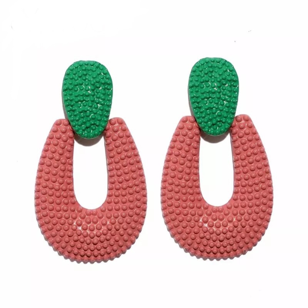 Pink and Green Textured Metal Earrings